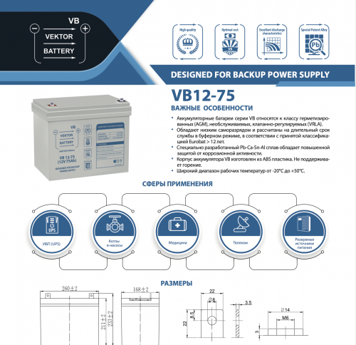 Аккумуляторная батарея VB 12-75 Vektor Energy 23799 фото 3